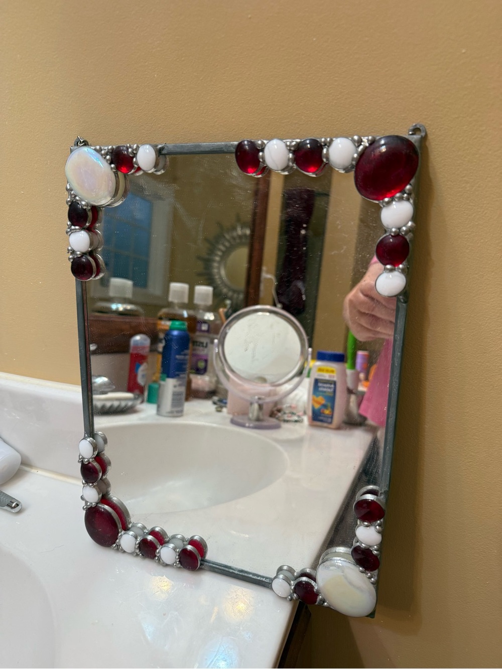 Source Unknown Red and White Beaded Vanity Mirror